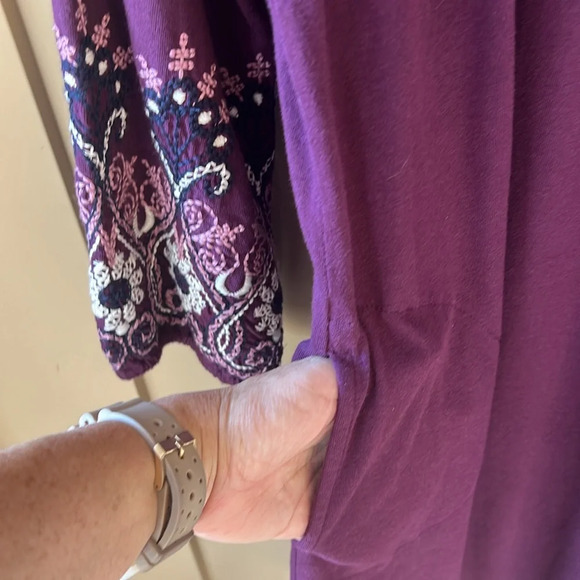 J. Jill Sz M Like New Dark Plumb Shift Midi Dress Embroidered Boho Long Sleeves - Picture 9 of 9